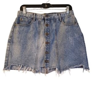 Dahli Button Front Distressed Raw Hem Denim Y2K Mini Skirt